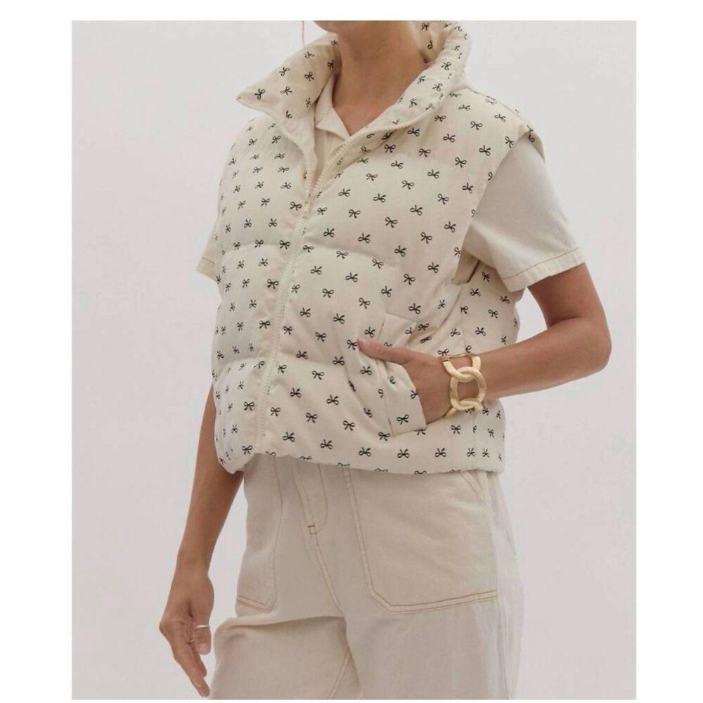 Entro Sittin Pretty Cream Puffer VEst with Black Bows Size Large